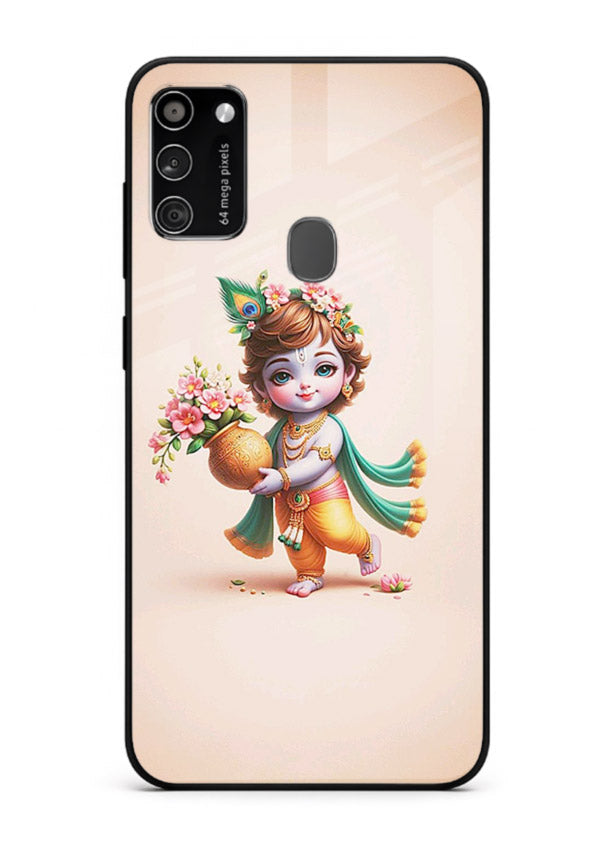 Baby Krishna with flowers artwork Samsung M21 glass back cover spiritual theme