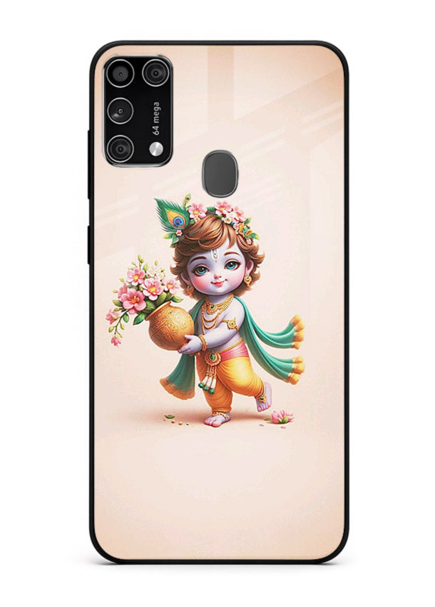 Baby Krishna with flowers artwork Samsung M31 Prime glass back cover spiritual theme