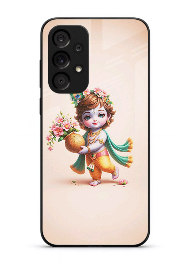 Baby Krishna with flowers artwork Samsung M32 5G glass back cover spiritual theme