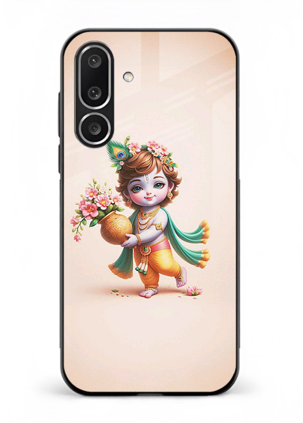 Baby Krishna with flowers artwork Samsung M56 5G glass back cover spiritual theme
