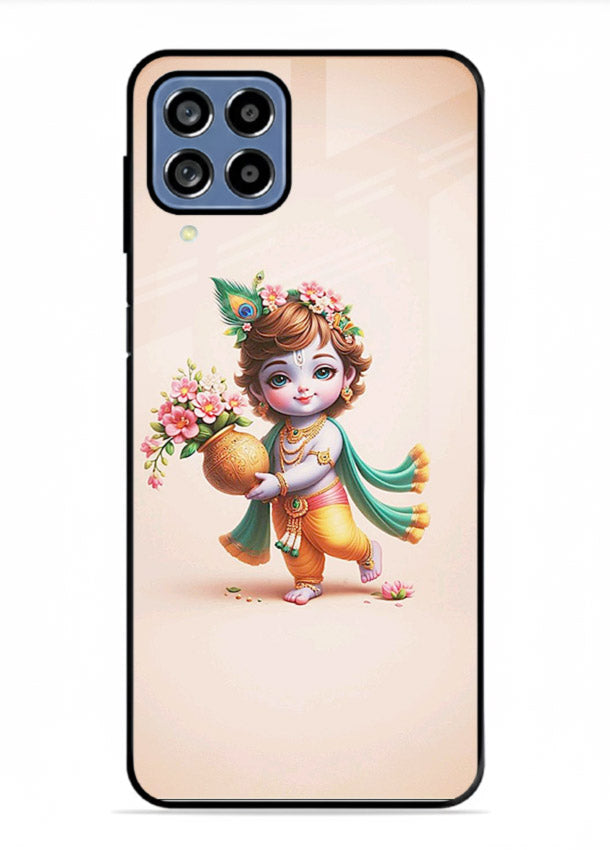 Baby Krishna with flowers artwork Samsung M33 5G glass back cover spiritual theme