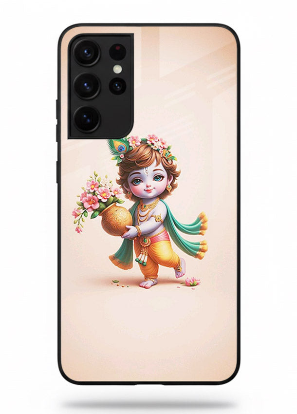 Baby Krishna with flowers artwork Samsung S21 Ultra glass back cover spiritual theme