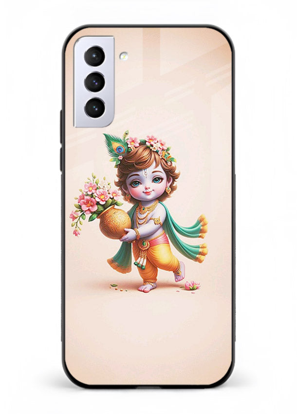 Baby Krishna with flowers artwork Samsung S21 FE glass back cover spiritual theme