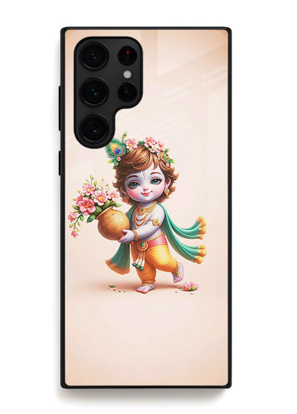 Baby Krishna with flowers artwork Samsung S24 Ultra glass back cover spiritual theme