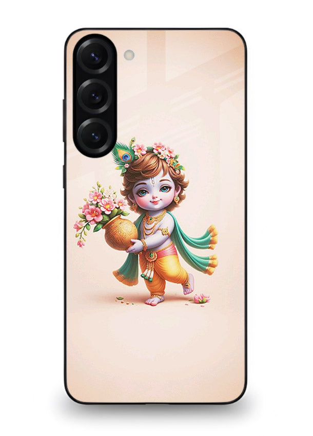 Baby Krishna with flowers artwork Samsung S23 glass back cover spiritual theme