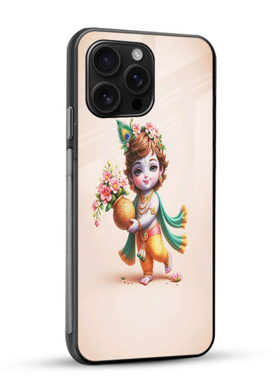 Baby Krishna with flowers artwork glossy vibrant premium glass back cover spiritual theme - Angle Side