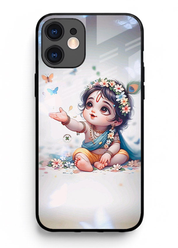 Playful Baby Krishna with butterflies iphone 11 glass cover cute divine theme
