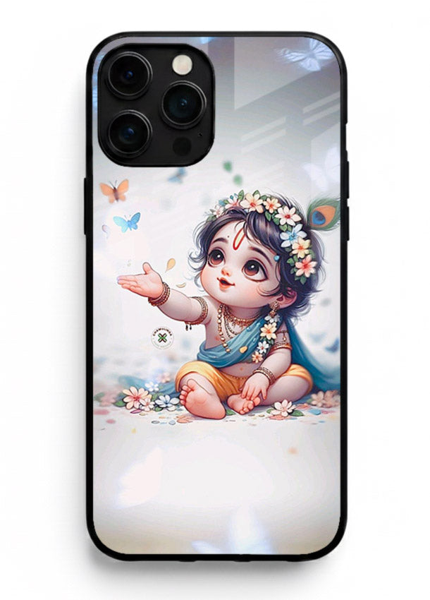 Playful Baby Krishna with butterflies iphone 14 pro max glass cover cute divine theme
