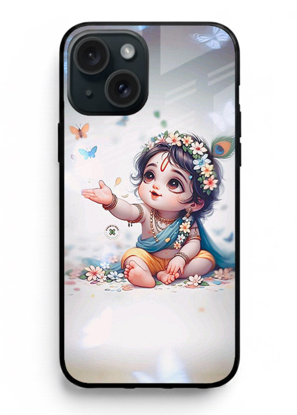 Playful Baby Krishna with butterflies iphone 13 glass cover cute divine theme