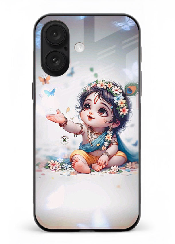 Playful Baby Krishna with butterflies iphone 17 glass cover cute divine theme