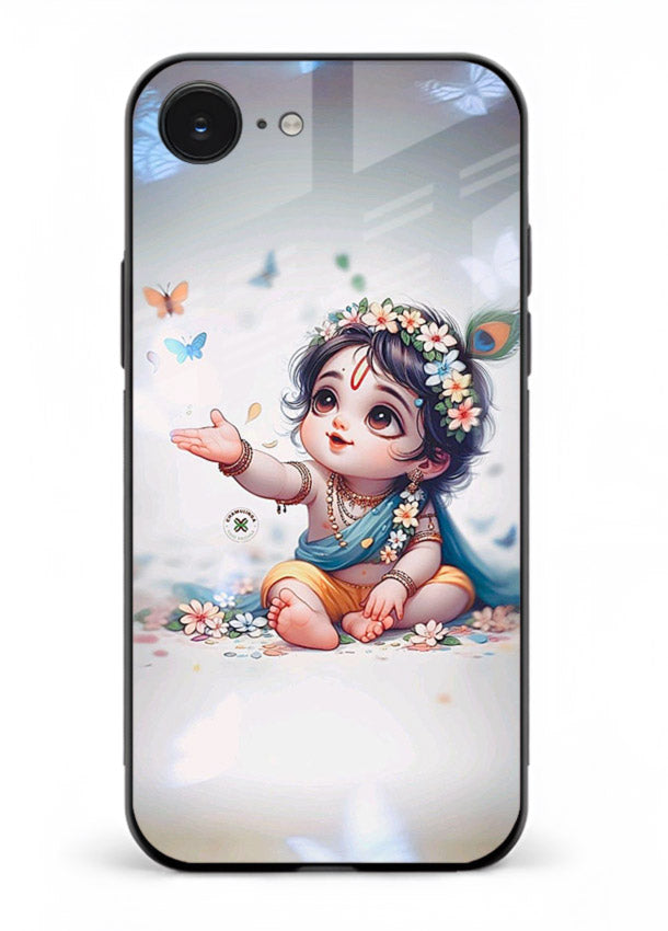 Playful Baby Krishna with butterflies iphone 16e glass cover cute divine theme