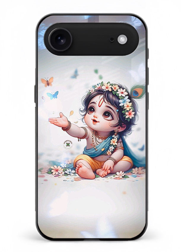 Playful Baby Krishna with butterflies iphone 18 air glass cover cute divine theme