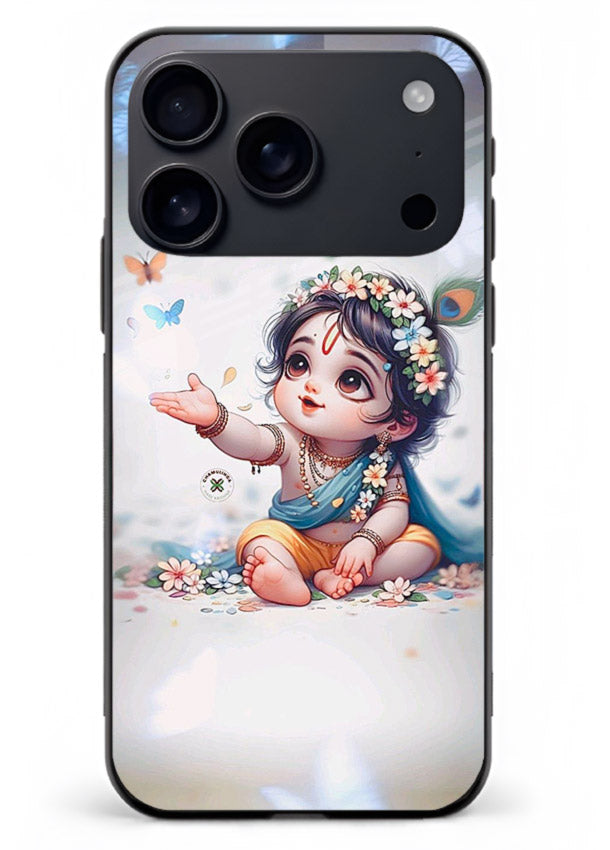 Playful Baby Krishna with butterflies iphone 18 pro max glass cover cute divine theme