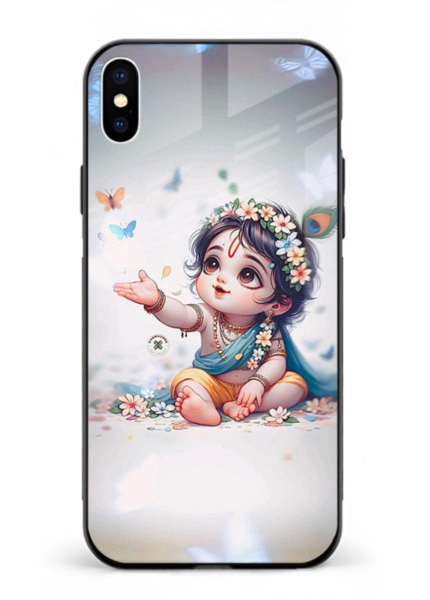 Playful Baby Krishna with butterflies iphone xs max glass cover cute divine theme