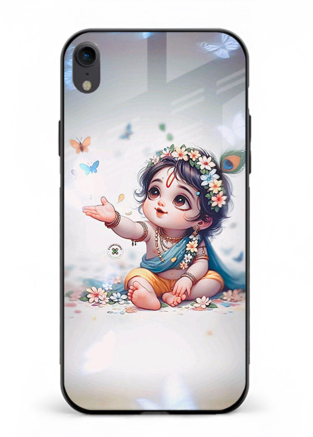Playful Baby Krishna with butterflies iphone xr glass cover cute divine theme