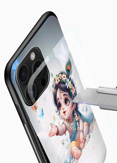 Playful Baby Krishna with butterflies glossy vibrant premium glass cover cute divine theme - Angle Blade