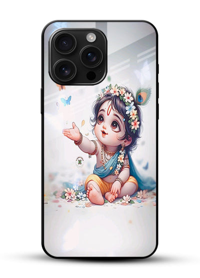 Playful Baby Krishna with butterflies glossy vibrant premium glass cover cute divine theme - Angle Front