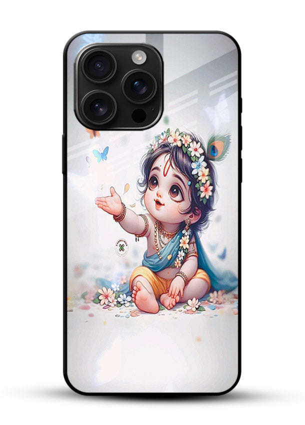 Playful Baby Krishna with butterflies glossy vibrant premium glass cover cute divine theme - Angle Front