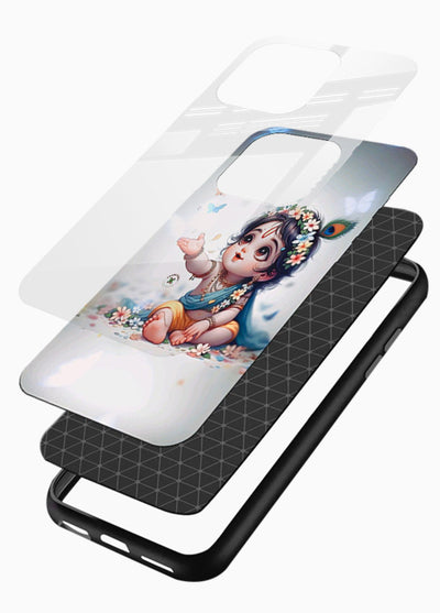 Playful Baby Krishna with butterflies glossy vibrant premium glass cover cute divine theme - Angle Layers