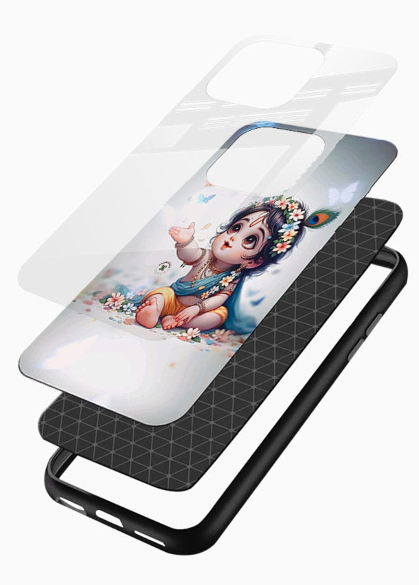 Playful Baby Krishna with butterflies glossy vibrant premium glass cover cute divine theme - Angle Layers