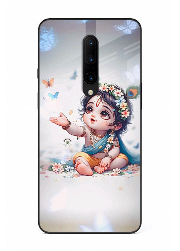 Playful Baby Krishna with butterflies OnePlus 7T Pro glass cover cute divine theme