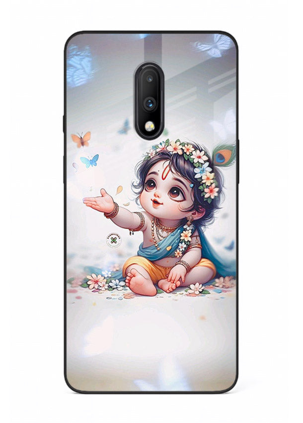 Playful Baby Krishna with butterflies OnePlus 7 glass cover cute divine theme