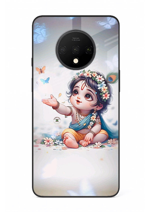 Playful Baby Krishna with butterflies OnePlus 7T glass cover cute divine theme