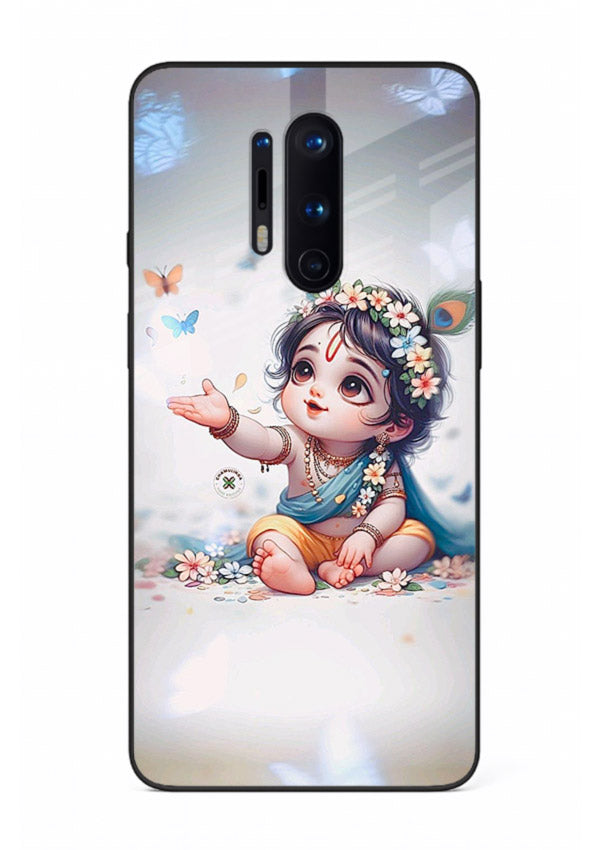 Playful Baby Krishna with butterflies OnePlus 8 Pro glass cover cute divine theme
