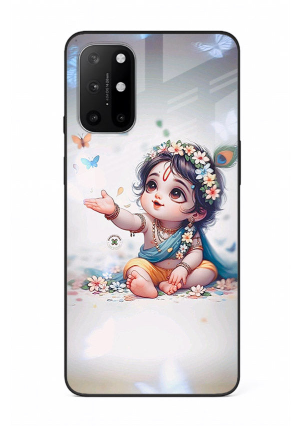 Playful Baby Krishna with butterflies OnePlus 8T glass cover cute divine theme