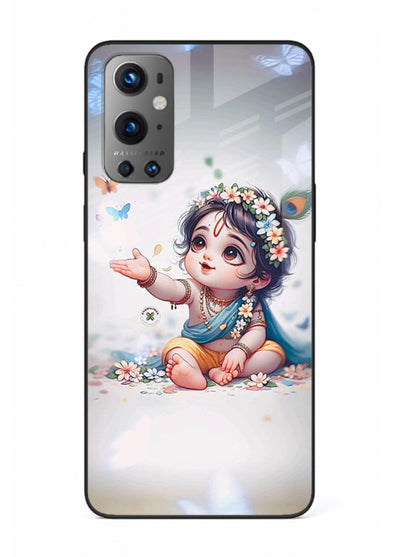 Playful Baby Krishna with butterflies OnePlus 9 glass cover cute divine theme