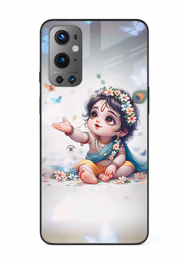 Playful Baby Krishna with butterflies OnePlus 9 glass cover cute divine theme