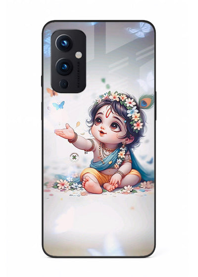 Playful Baby Krishna with butterflies OnePlus 9 Pro glass cover cute divine theme