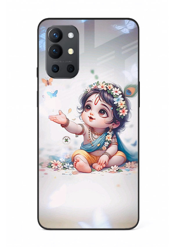 Playful Baby Krishna with butterflies OnePlus 9R glass cover cute divine theme