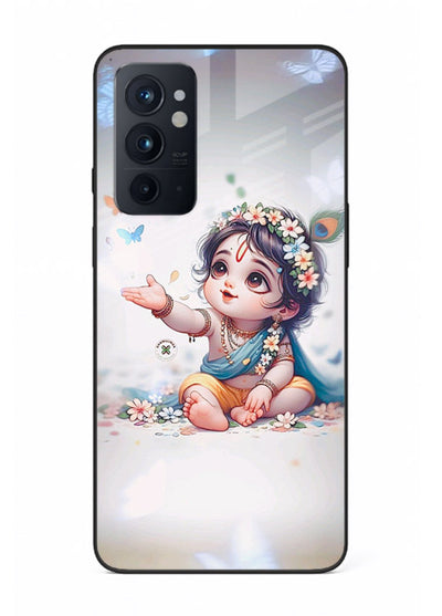 Playful Baby Krishna with butterflies OnePlus 9RT glass cover cute divine theme
