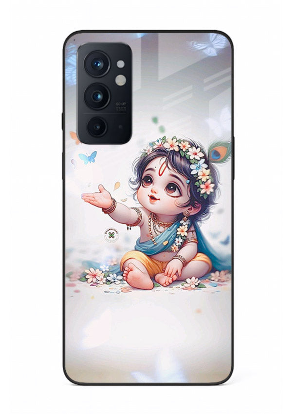 Playful Baby Krishna with butterflies OnePlus 9RT glass cover cute divine theme