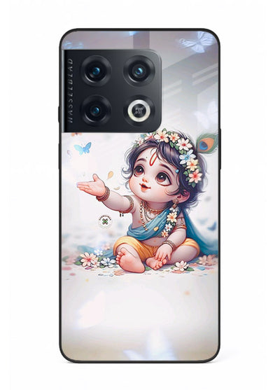 Playful Baby Krishna with butterflies OnePlus 10 Pro glass cover cute divine theme