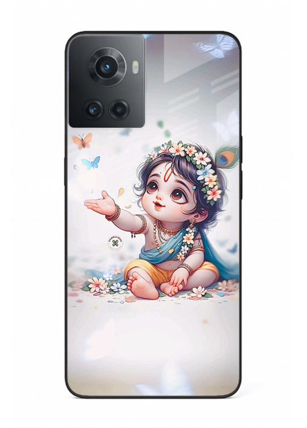 Playful Baby Krishna with butterflies OnePlus 10R glass cover cute divine theme