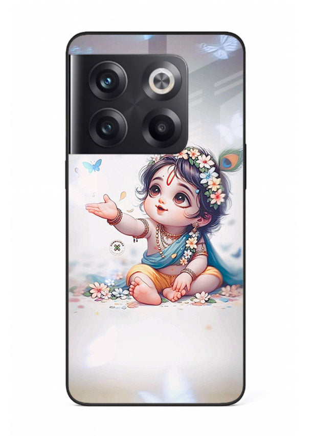 Playful Baby Krishna with butterflies OnePlus 10T glass cover cute divine theme