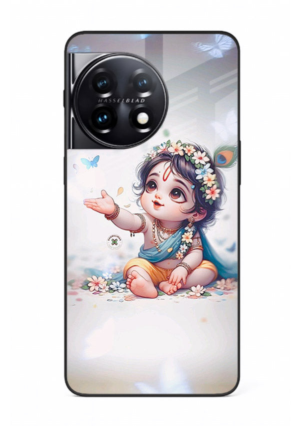Playful Baby Krishna with butterflies OnePlus 11 glass cover cute divine theme