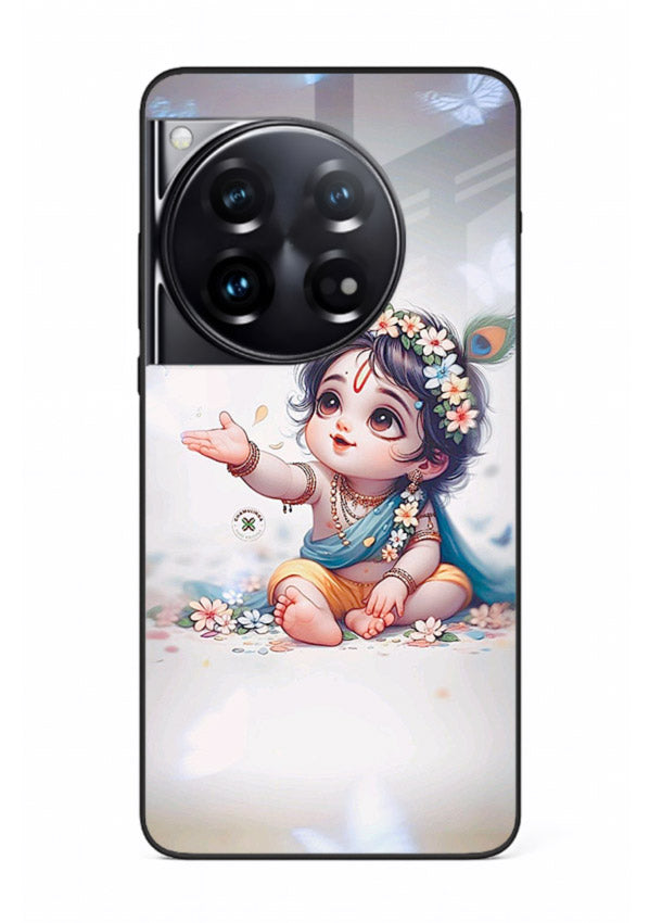Playful Baby Krishna with butterflies OnePlus 12 glass cover cute divine theme