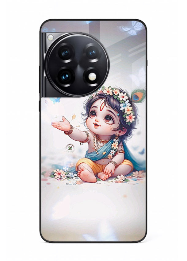 Playful Baby Krishna with butterflies OnePlus 12R glass cover cute divine theme