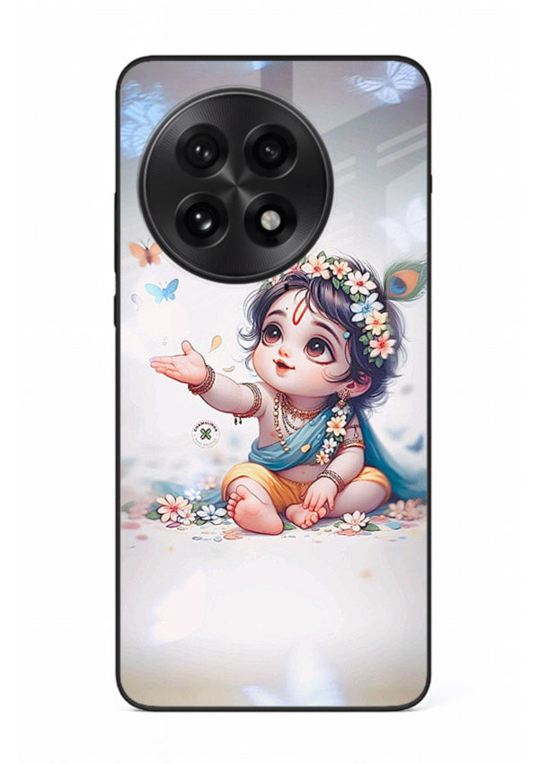 Playful Baby Krishna with butterflies OnePlus 13 glass cover cute divine theme