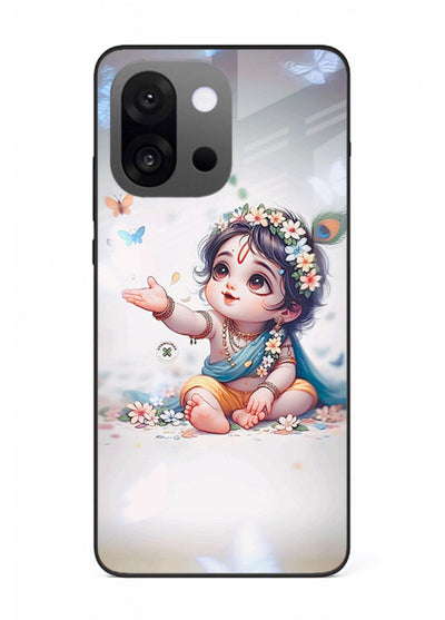 Playful Baby Krishna with butterflies OnePlus 13s glass cover cute divine theme