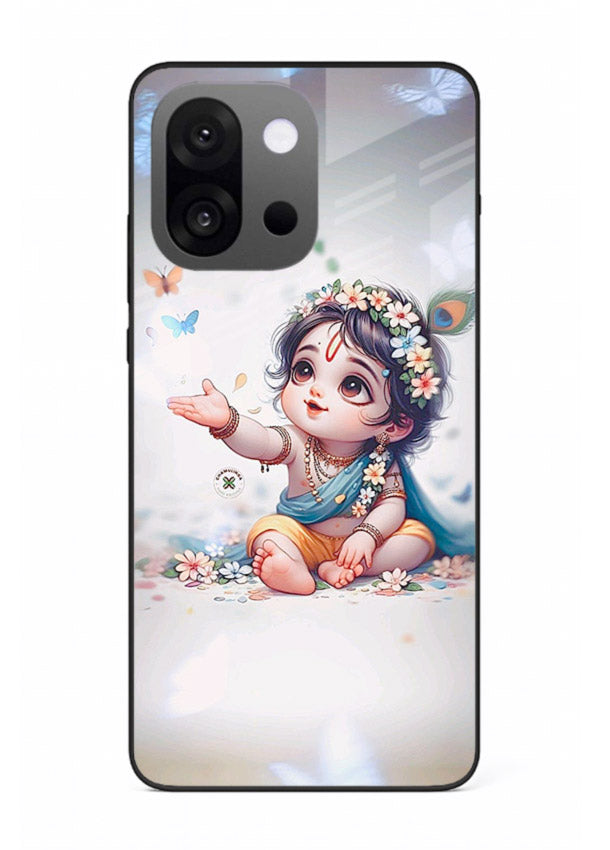 Playful Baby Krishna with butterflies OnePlus 13s glass cover cute divine theme
