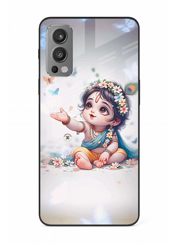 Playful Baby Krishna with butterflies OnePlus Nord 2 glass cover cute divine theme