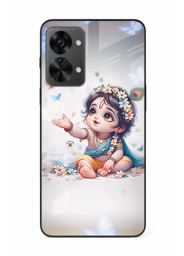 Playful Baby Krishna with butterflies OnePlus Nord 2T glass cover cute divine theme