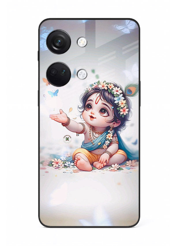 Playful Baby Krishna with butterflies OnePlus Nord 3 glass cover cute divine theme