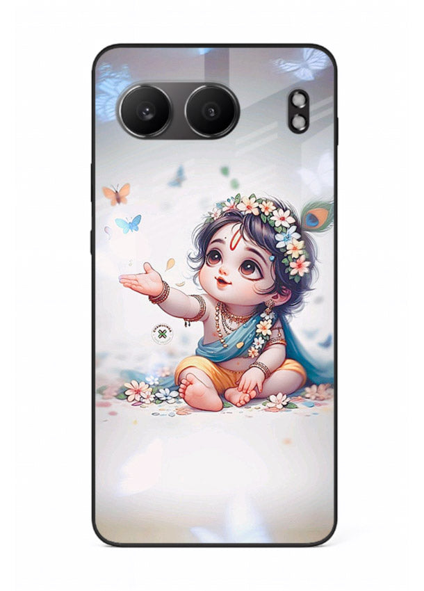 Playful Baby Krishna with butterflies OnePlus Nord 4 glass cover cute divine theme
