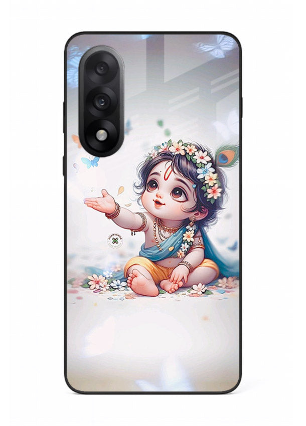 Playful Baby Krishna with butterflies OnePlus Nord 5 glass cover cute divine theme