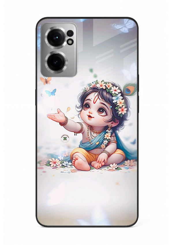 Playful Baby Krishna with butterflies OnePlus Nord CE2 5G glass cover cute divine theme